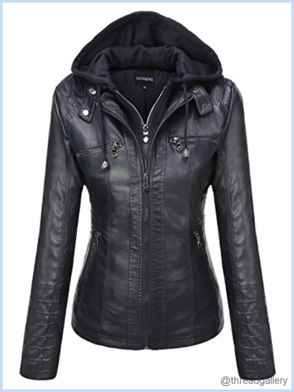 Women's Faux Leather Jacket Hooded Moto Biker Coat with Detachable Hood